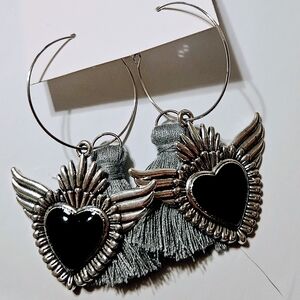 Silver and Black Heart Wing Earrings